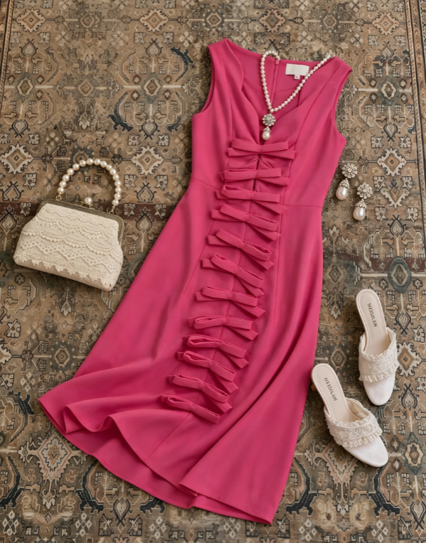 Vibrant Hot Pink Sleeveless V-Neck Multi Bows Front Detail Sheath Midi Homecoming Dress AS1668