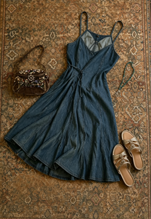 Vintage Dark Denim Spaghetti Strap Self Tie Waist A Line Midi Homecoming Dress AS1669
