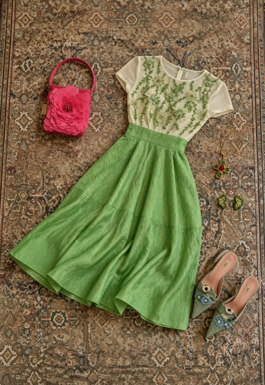 Vivid Green Round Neck Short Sleeve Floral Embroidery A Line Midi Homecoming Dress AS1672