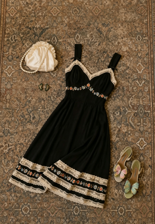 Vintage Black Sweetheart Neck Straps Lace Trim Floral Embroidery A Line Midi Homecoming Dress AS1674