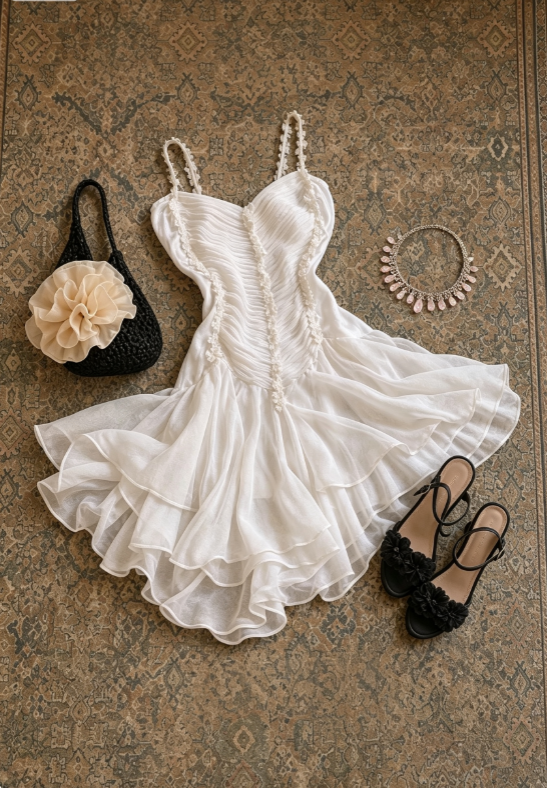 Delicate White Floral Appliques Spaghetti Strap Ruched Bodice Flowy Tiered Ruffle Chiffon A Line Short Homecoming Dress AS1676