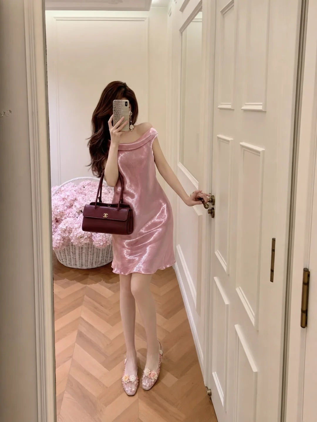 Luxurious Pink Off Shoulder Satin Sheath Short Homecoming Dress AS1677