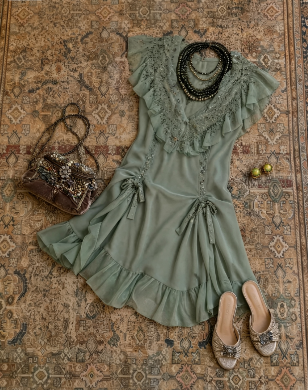 Vintage Sage Green Ruffled V-Neck Sequin Embellished Bow A Line Short Chiffon Homecoming Dress AS1678