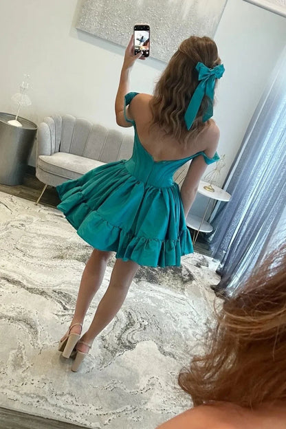 Simple A-Line Off The Shoulder Zipper Back Short Satin Homecoming Dress AS168