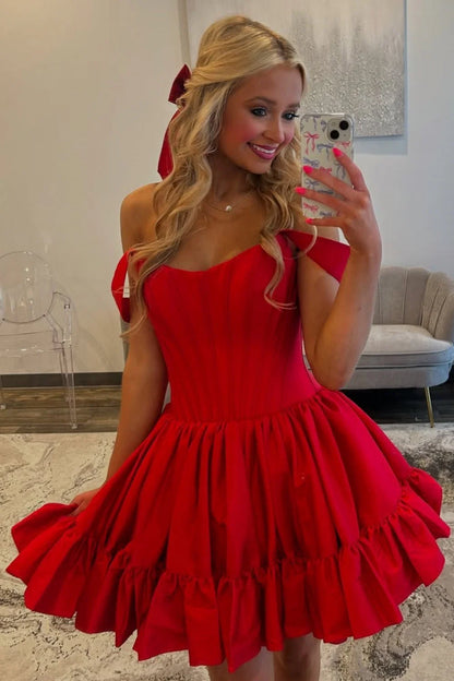 Simple A-Line Off The Shoulder Zipper Back Short Satin Homecoming Dress AS168