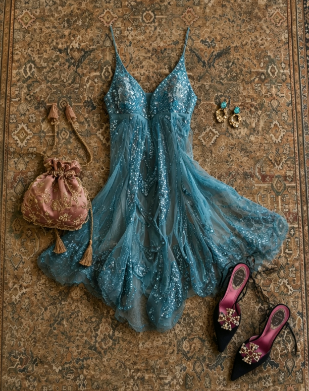 Luxe Turquoise Deep V Spaghetti Straps Sequined Tulle A Line Short Homecoming Dress AS1681