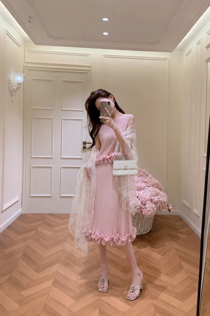 Sweet Pink Sleeveless Round Neck 3D Floral Trim A Line Midi Homecoming Dress AS1686