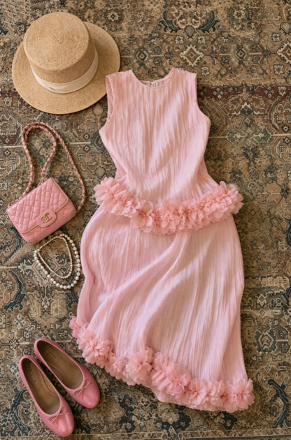 Sweet Pink Sleeveless Round Neck 3D Floral Trim A Line Midi Homecoming Dress AS1686