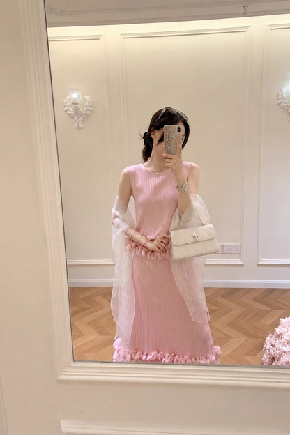 Sweet Pink Sleeveless Round Neck 3D Floral Trim A Line Midi Homecoming Dress AS1686
