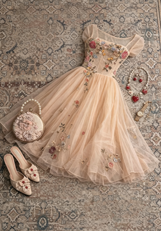 Romantic Champagne Puff Sleeve Square Neck Corset 3D Floral Appliques Tulle A Line Midi Homecoming Dress AS1688