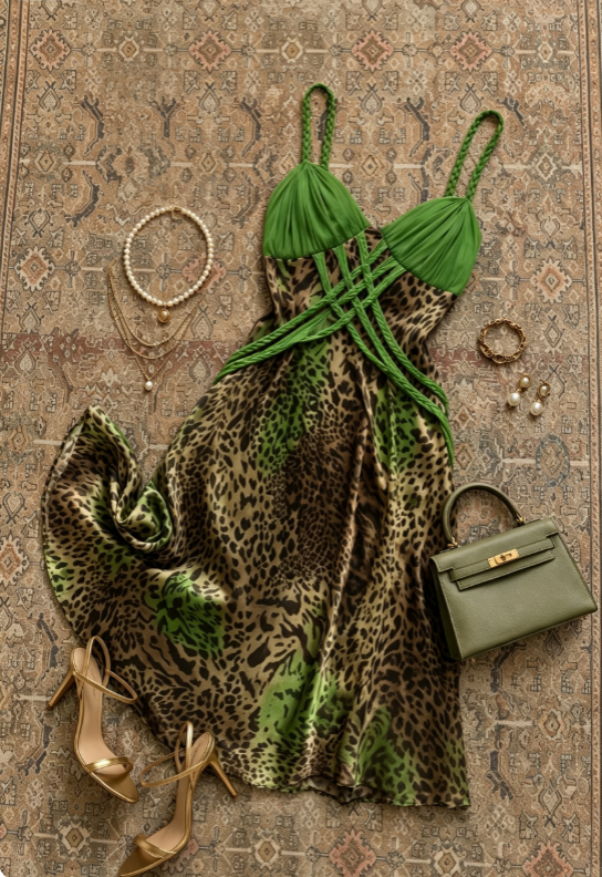 Edgy Green Spaghetti Strap Leopard Print Satin A Line Midi Homecoming Dress AS1689