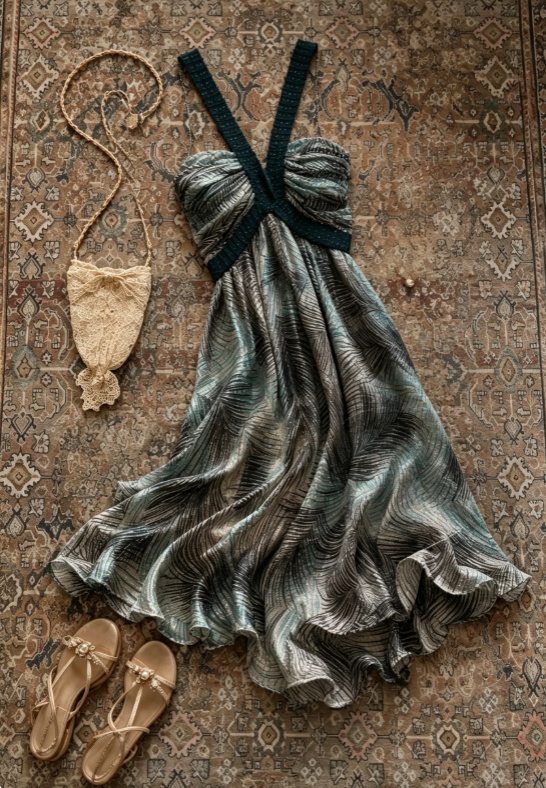 Sleek Dark Teal Strap Ruched Bust Feather Print Ruffle Hem Satin A Line Midi Homecoming Dress AS1690