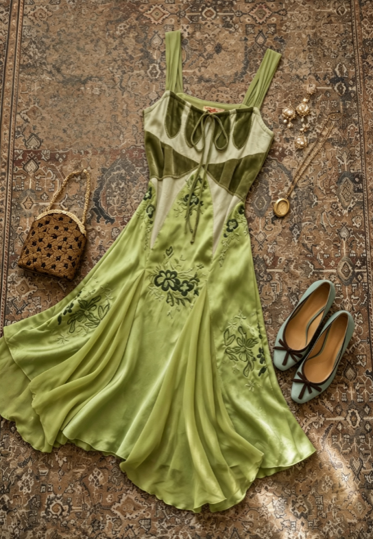 Vintage Green Velvet Patchwork Strap Floral Embroidery A Line Flowy Midi Homecoming Dress AS1692