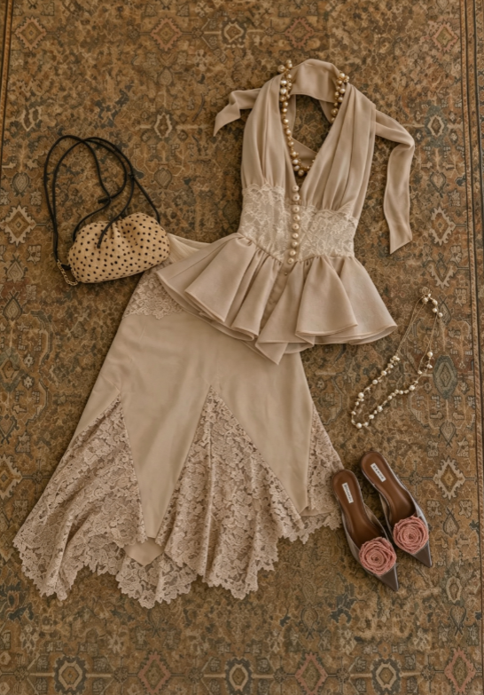 Elegant Dusty Beige Set Halter Tie V-Neck Lace Waist Pearl Top A Line Asymmetric Lace Patch Skirt Short Homecoming Dress AS1694