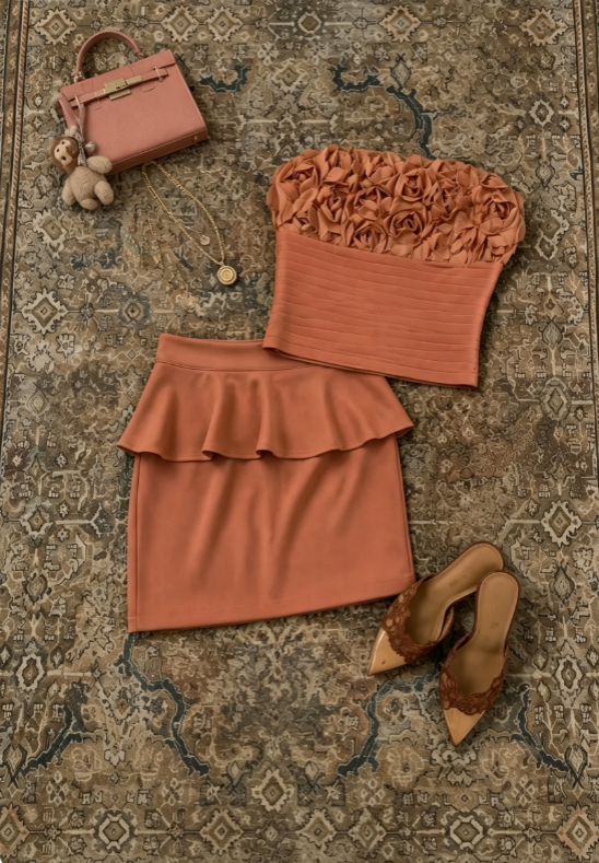 Chic Rust Orange Set 3D Rose Floral Strapless Tube Top Ruffle Waist Bodycon Mini Skirt Homecoming Dress AS1695