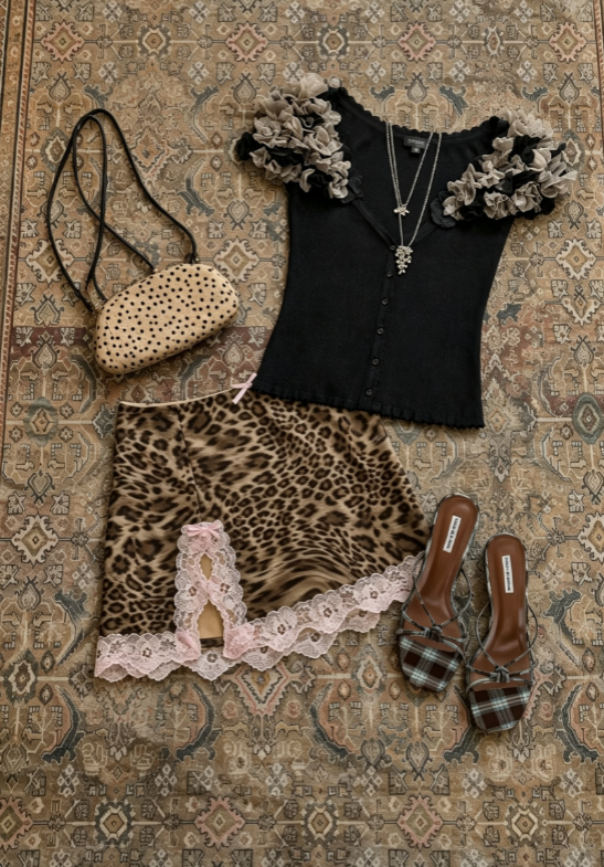 Edgy Black V Neck 3D Floral Short Sleeve Button Top Leopard Print Pink Lace Trim Slit Mini Bodycon Skirt Two Piece Outfit Homecoming Dress AS1696