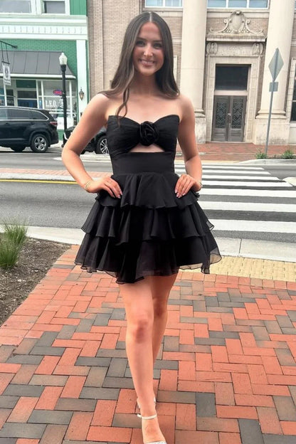 Adorable A-Line Strapless Short Layered Chiffon Homecoming Dress With 3D Flower AS170