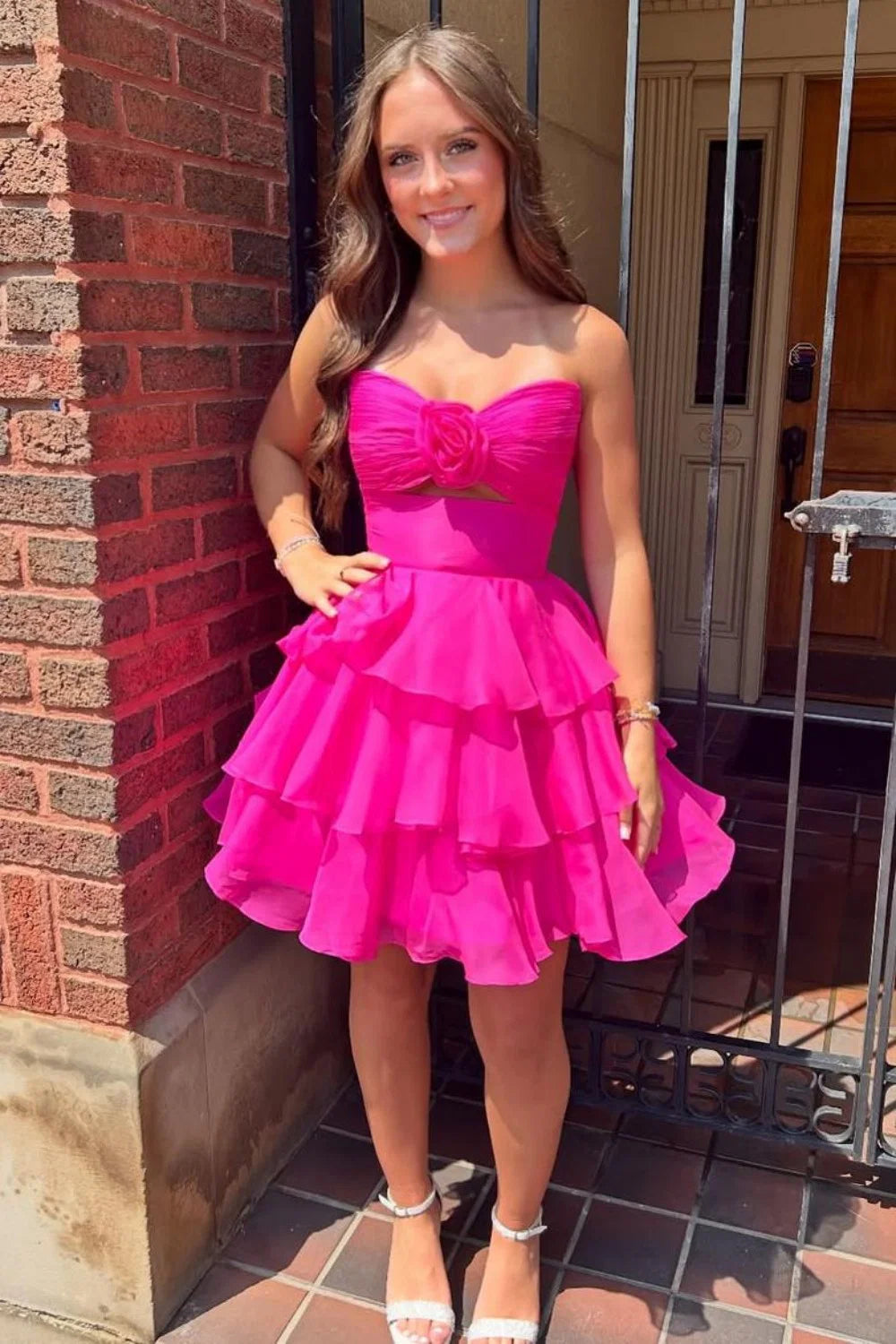 Adorable A-Line Strapless Short Layered Chiffon Homecoming Dress With 3D Flower AS170