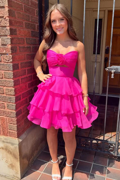 Adorable A-Line Strapless Short Layered Chiffon Homecoming Dress With 3D Flower AS170