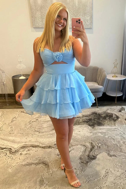Adorable A-Line Strapless Short Layered Chiffon Homecoming Dress With 3D Flower AS170