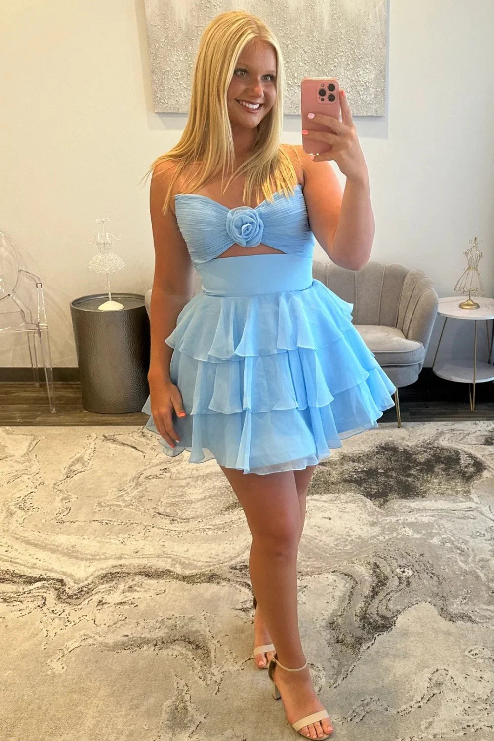 Adorable A-Line Strapless Short Layered Chiffon Homecoming Dress With 3D Flower AS170