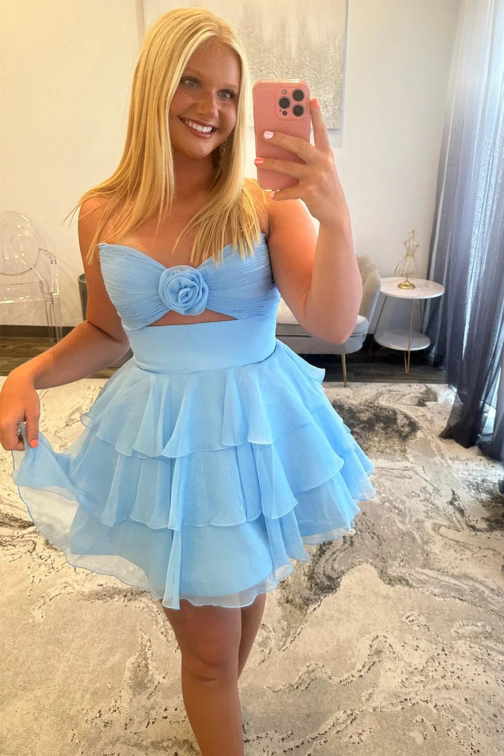 Adorable A-Line Strapless Short Layered Chiffon Homecoming Dress With 3D Flower AS170