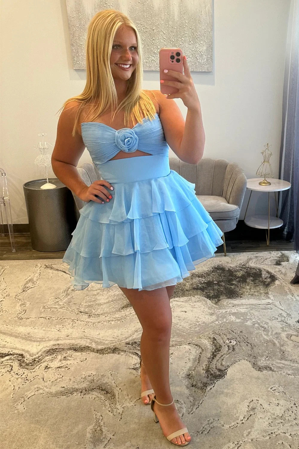 Adorable A-Line Strapless Short Layered Chiffon Homecoming Dress With 3D Flower AS170