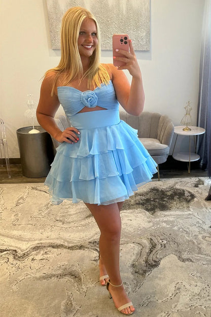 Adorable A-Line Strapless Short Layered Chiffon Homecoming Dress With 3D Flower AS170