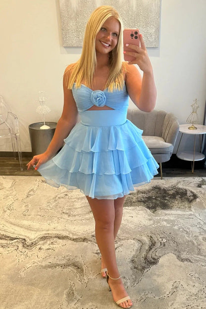 Adorable A-Line Strapless Short Layered Chiffon Homecoming Dress With 3D Flower AS170