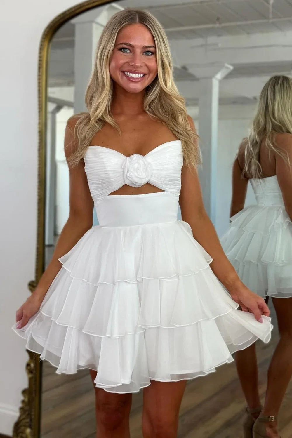 Adorable A-Line Strapless Short Layered Chiffon Homecoming Dress With 3D Flower AS170