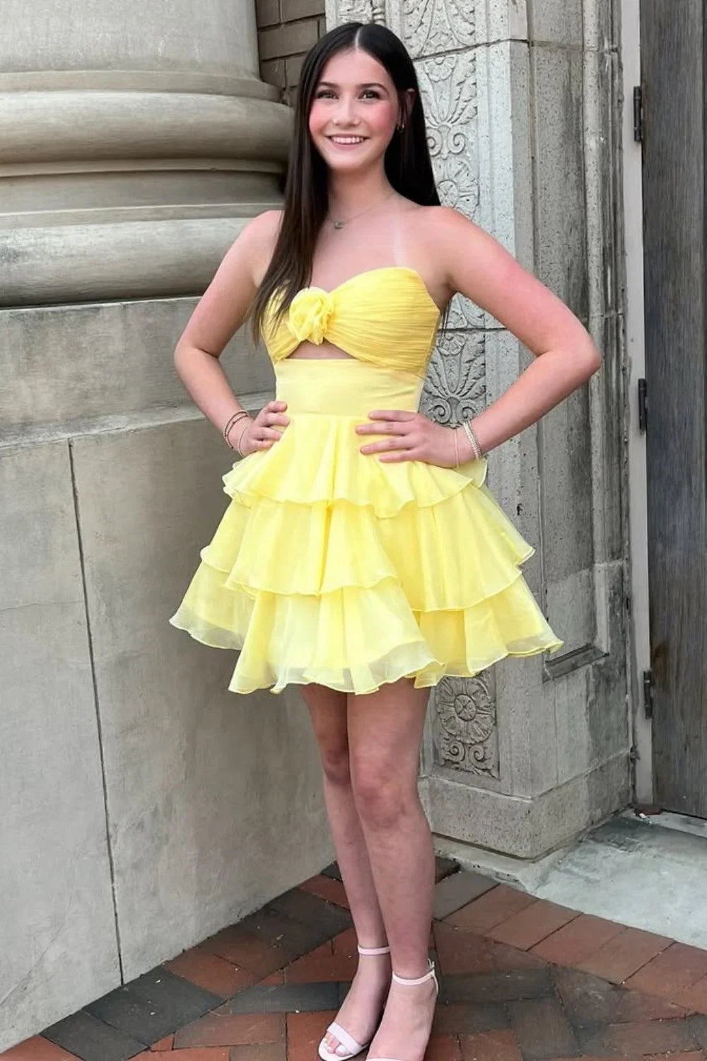 Adorable A-Line Strapless Short Layered Chiffon Homecoming Dress With 3D Flower AS170