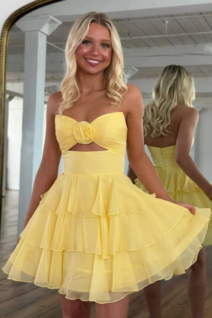 Adorable A-Line Strapless Short Layered Chiffon Homecoming Dress With 3D Flower AS170