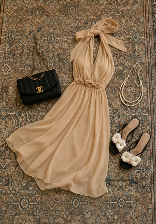 Elegant Nude Big Bow Halter Deep V 3D Rose Floral Waist Chiffon A Line Midi Homecoming Dress AS1702