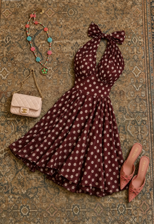 Vintage Burgundy White Polka Dot Bow Halter V Neck Chiffon A Line Short Homecoming Dress AS1703