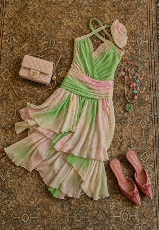 Fresh Green Pink Ombre Crisscross Floral Halter Ruched Waist Tiered Chiffon Asymmetrical A Line Short Homecoming Dress AS1708