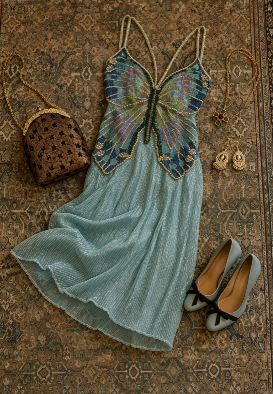 Exquisite Blue Beaded Butterfly Bodice Spaghetti Strap Sheath Crinkle Chiffon Short Homecoming Dress AS1709