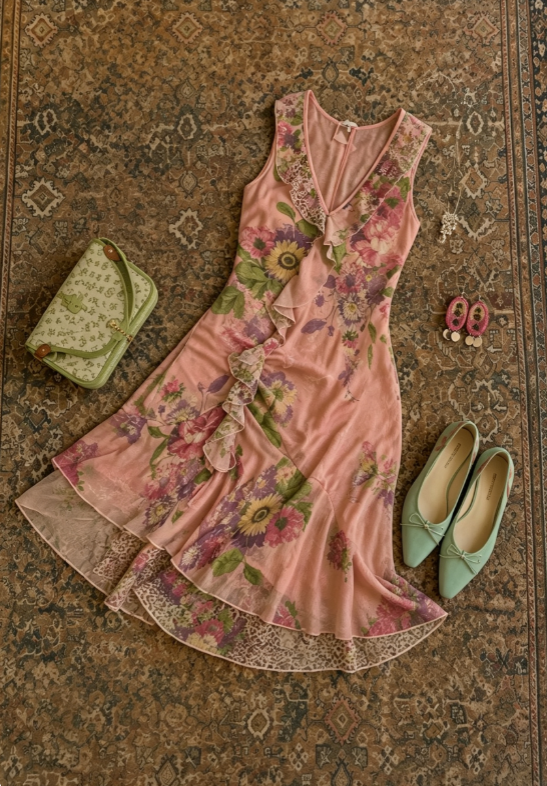 Vintage Pink Floral V-Neck Sleeveless Ruffle Trim A Line Midi Homecoming Dress AS1726