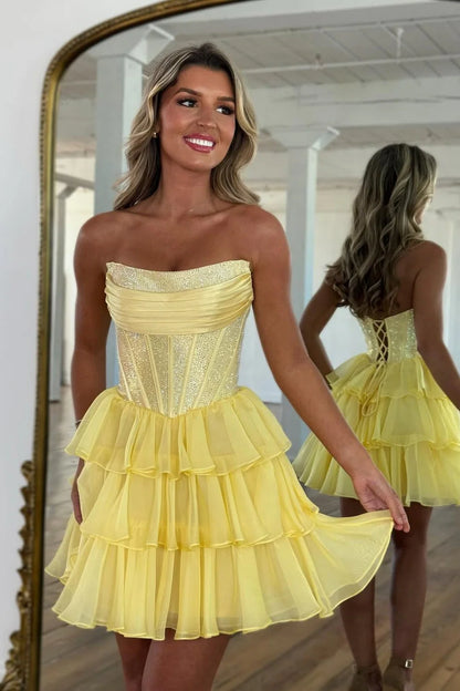 Cute Yellow A-Line Strapless Beaded Top Tiered Chiffon Skirt Homecoming Dress AS173