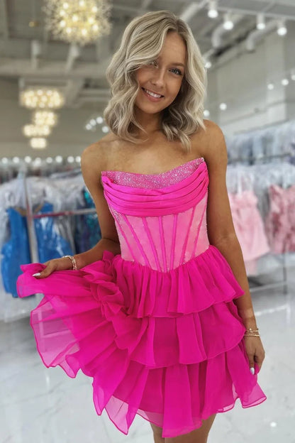 Cute Yellow A-Line Strapless Beaded Top Tiered Chiffon Skirt Homecoming Dress AS173