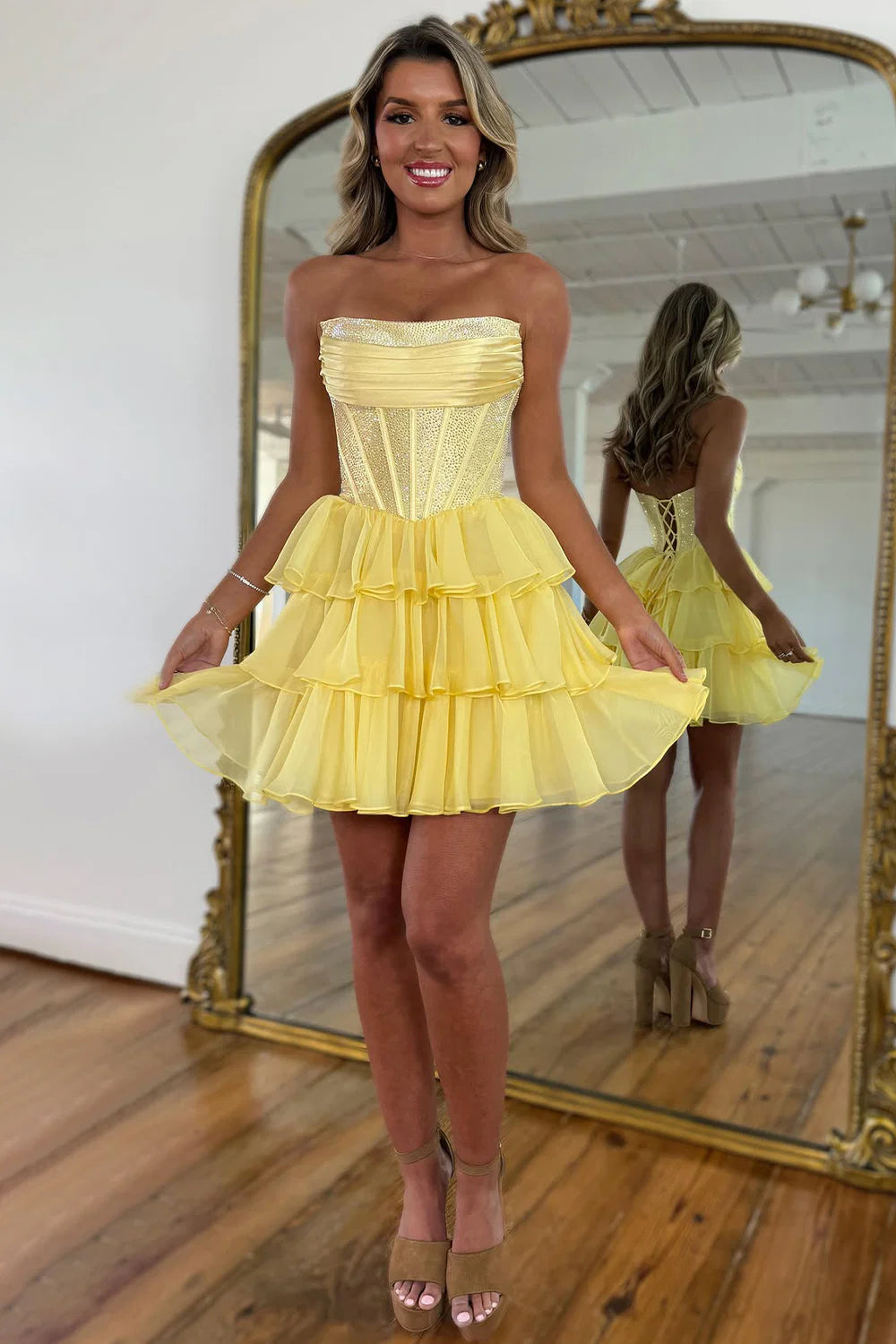 Cute Yellow A-Line Strapless Beaded Top Tiered Chiffon Skirt Homecoming Dress AS173