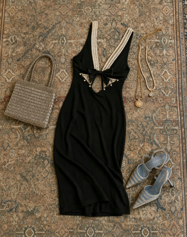 Chic Black Sleeveless Multi-Row Pearl Deep V Neck Midi Bodycon Homecoming Dress AS1731