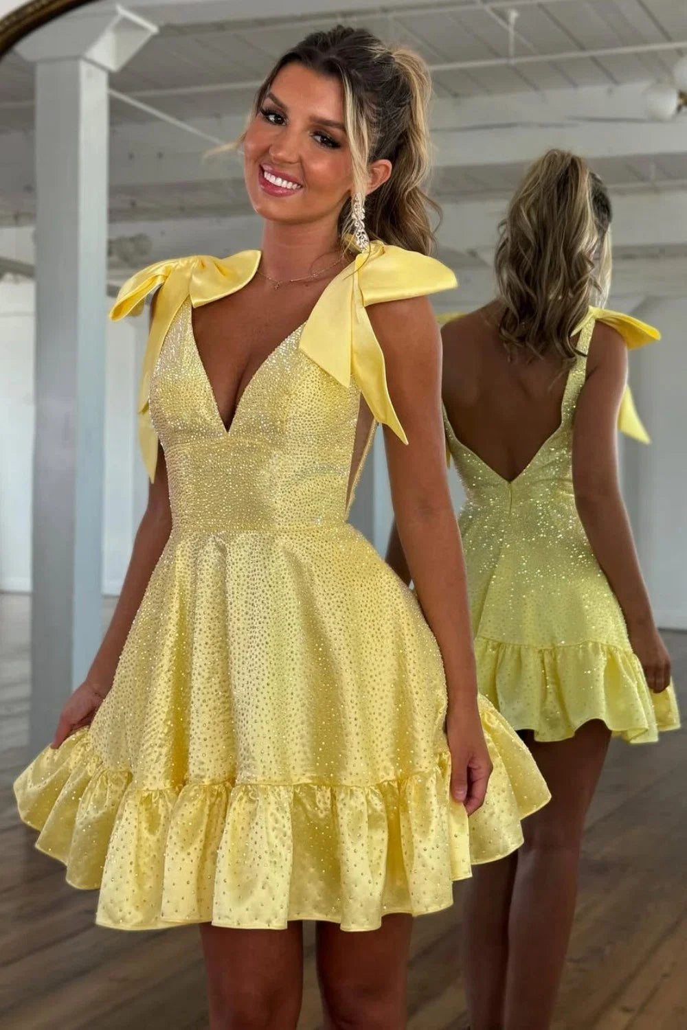 Cute A-Line V-Neck Short Beaded Homecoming Dress With Shoulder Bowknots AS174