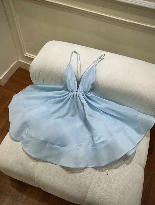 Airy Light Blue Spaghetti Strap Deep V‑Neck Flowy A Line Short Homecoming Dress AS1764
