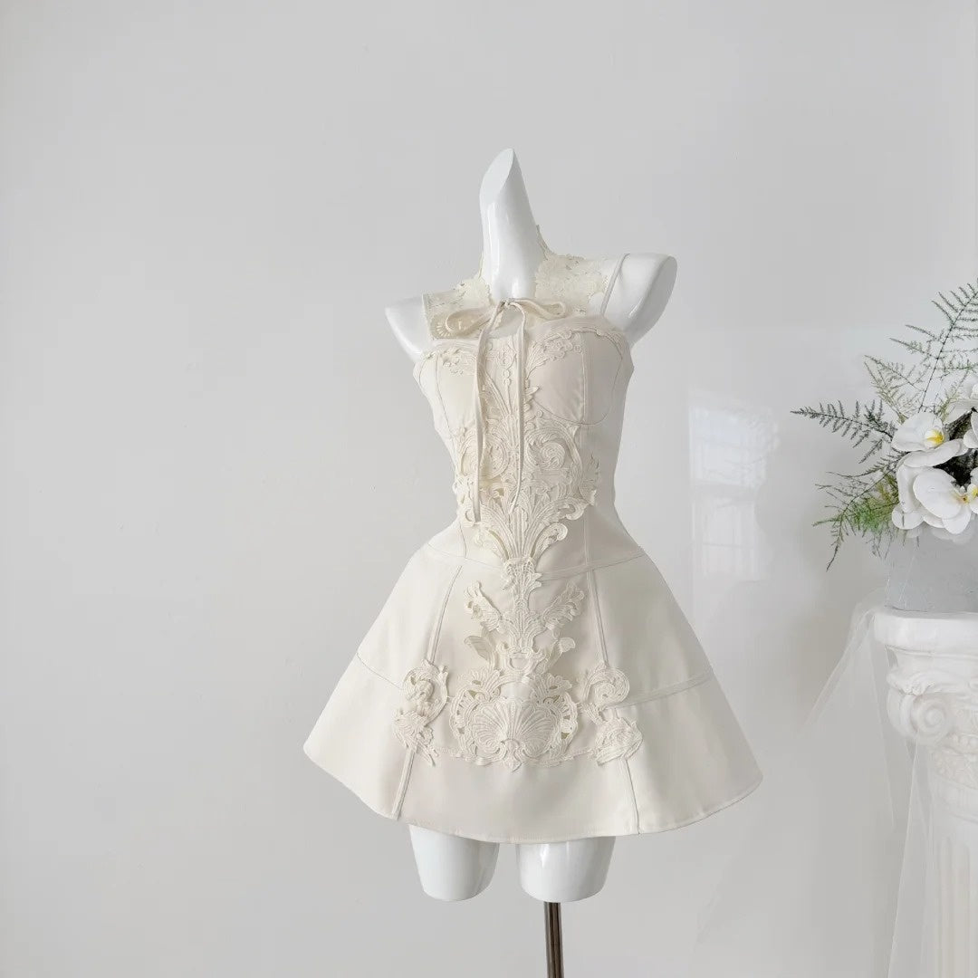 Elegant White Spaghetti Straps Corset A Line Short Homecoming Dress With Ornate Lace Applique And Detachable Lace Choker AS1772