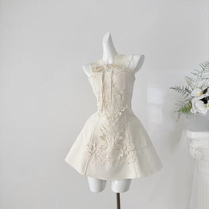 Elegant White Spaghetti Straps Corset A Line Short Homecoming Dress With Ornate Lace Applique And Detachable Lace Choker AS1772