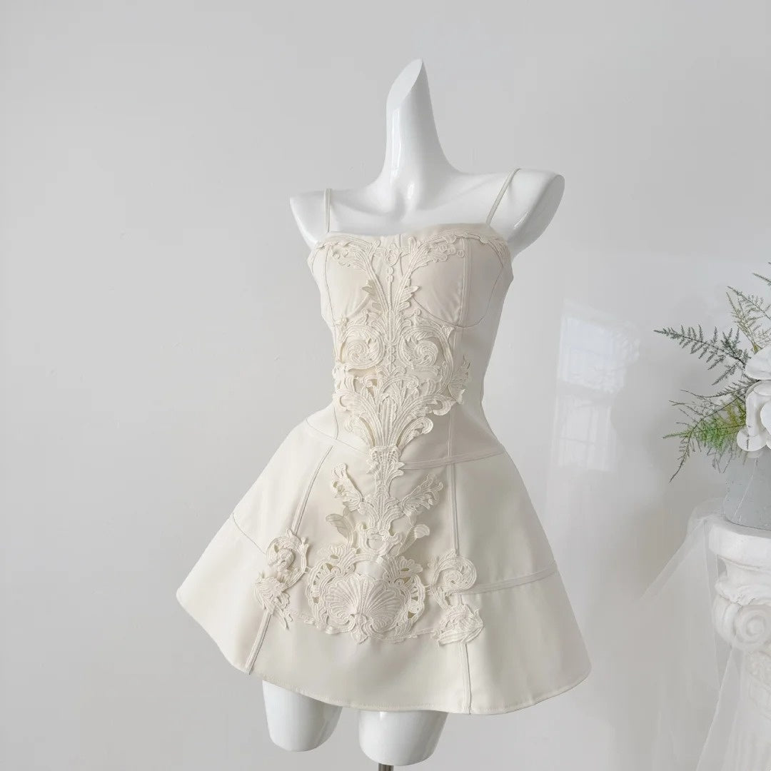 Elegant White Spaghetti Straps Corset A Line Short Homecoming Dress With Ornate Lace Applique And Detachable Lace Choker AS1772
