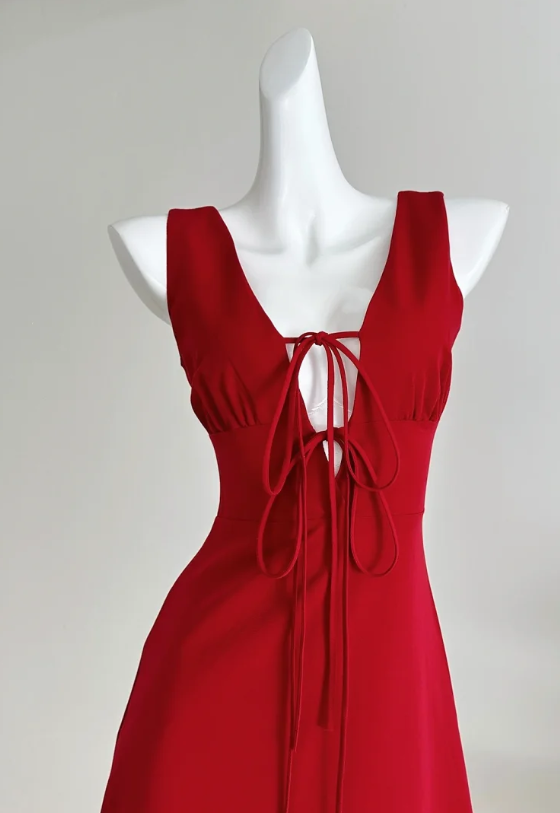 Stunning Red Wide Strap Front Tie V‑Neck Ruffled Hem A‑Line Short Homecoming Dress AS1775