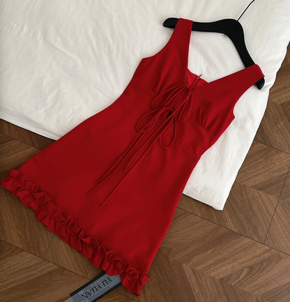 Stunning Red Wide Strap Front Tie V‑Neck Ruffled Hem A‑Line Short Homecoming Dress AS1775