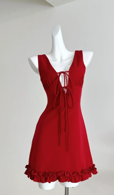 Stunning Red Wide Strap Front Tie V‑Neck Ruffled Hem A‑Line Short Homecoming Dress AS1775