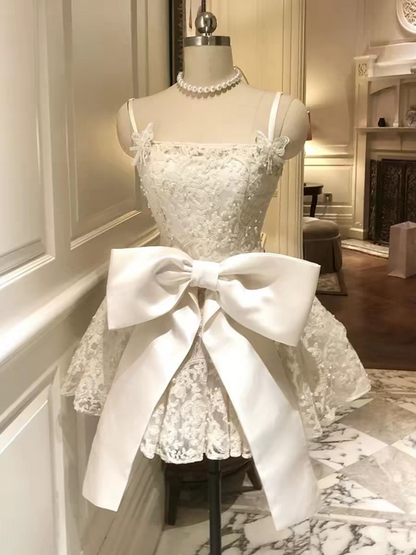 White Lace Beaded Spaghetti Strap Homecoming Dress With Removable Satin Bow AS178